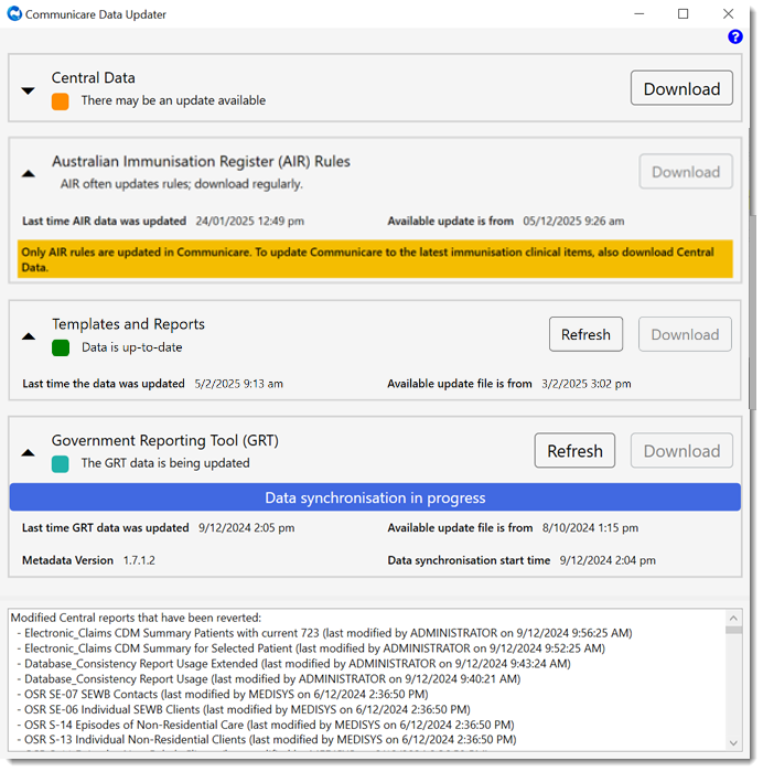 Example current data in the Data Updater