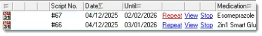 Example Repeat, View and Stop links in Medication Summary