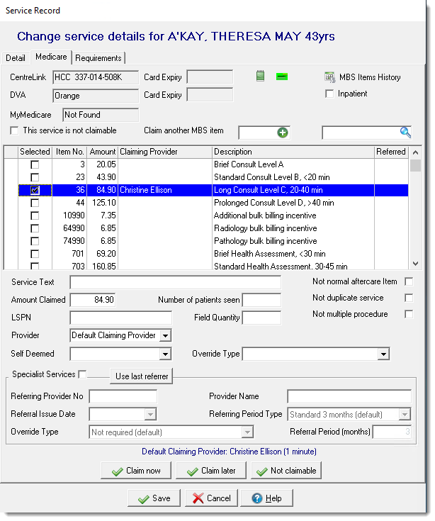 Example Service Record window